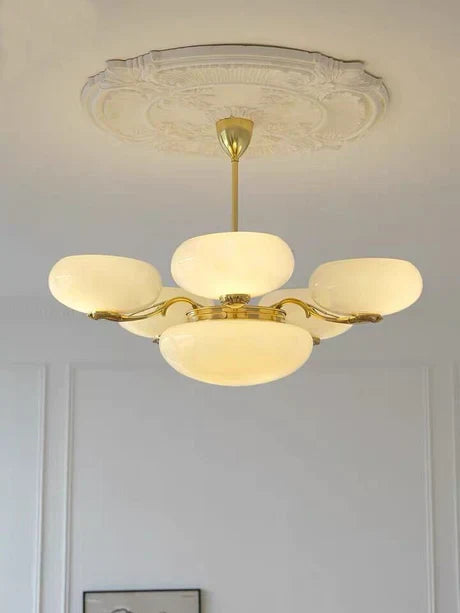 Mid-Century Scandinavian American Vintage White Opal Brass Chandelier for Living Room / bedroom