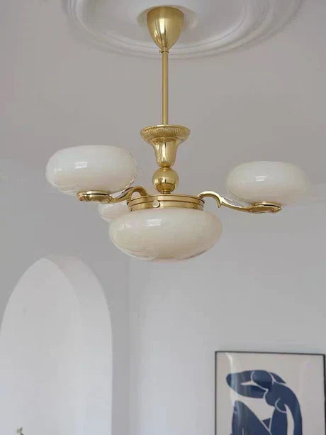 Mid-Century Scandinavian American Vintage White Opal Brass Chandelier for Living Room / bedroom
