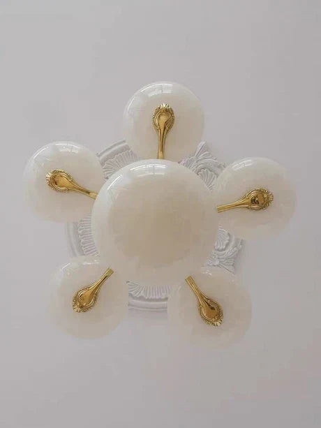 Mid-Century Scandinavian American Vintage White Opal Brass Chandelier for Living Room / bedroom