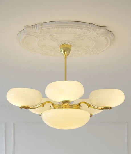 Mid-Century Scandinavian American Vintage White Opal Brass Chandelier for Living Room / bedroom