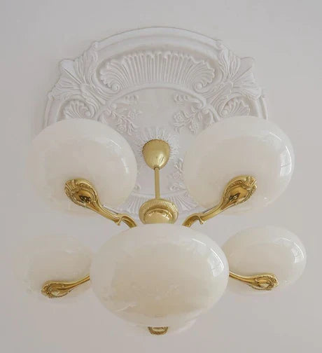 Mid-Century Scandinavian American Vintage White Opal Brass Chandelier for Living Room / bedroom
