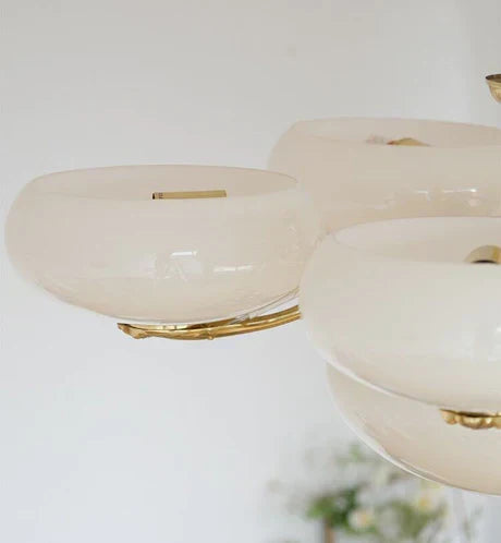 Mid-Century Scandinavian American Vintage White Opal Brass Chandelier for Living Room / bedroom