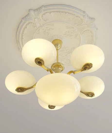 Mid-Century Scandinavian American Vintage White Opal Brass Chandelier for Living Room / bedroom