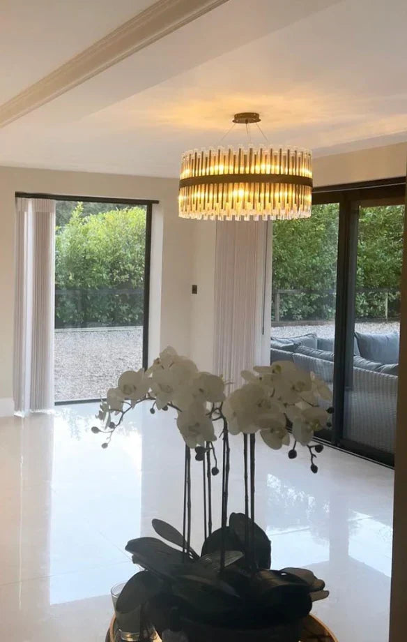 Modern Antique Brass Finish Round & Rectangle Glass Tube Chandelier – High-Quality Materials