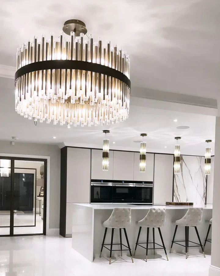 Modern Antique Brass Finish Round & Rectangle Glass Tube Chandelier – High-Quality Materials