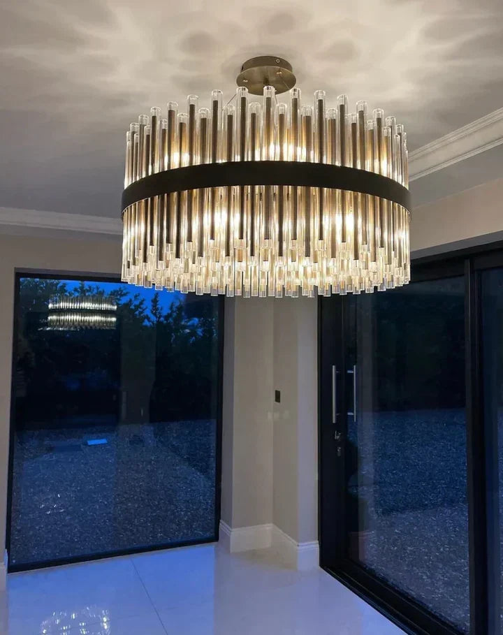 Modern Antique Brass Finish Round & Rectangle Glass Tube Chandelier – High-Quality Materials