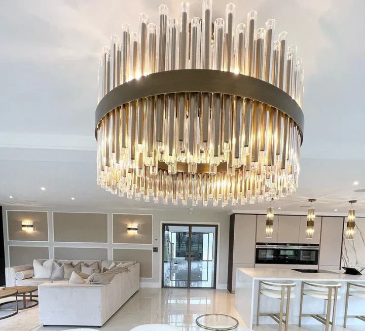 Modern Antique Brass Finish Round & Rectangle Glass Tube Chandelier – High-Quality Materials