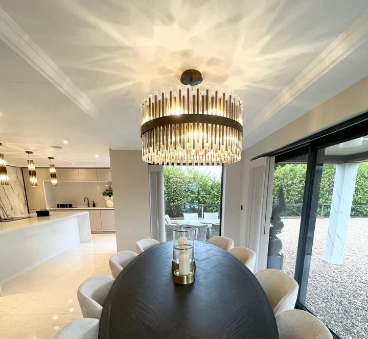Modern Antique Brass Finish Round & Rectangle Glass Tube Chandelier – High-Quality Materials