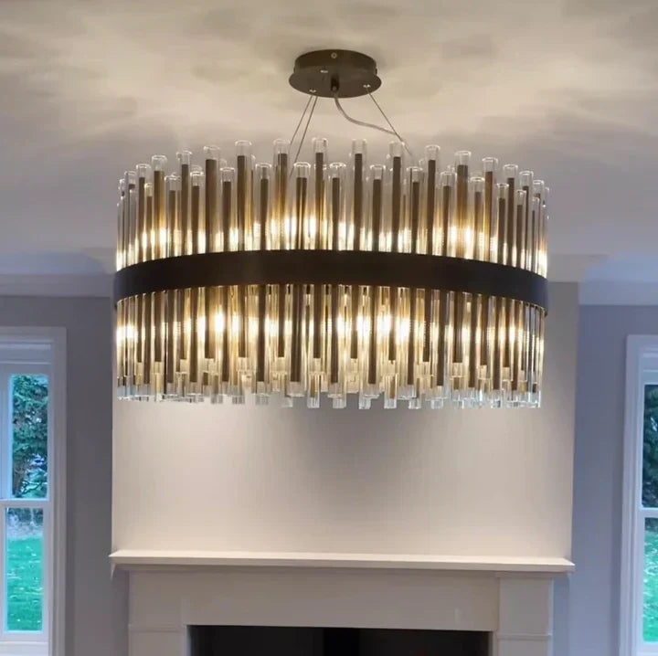 Modern Antique Brass Finish Round & Rectangle Glass Tube Chandelier – High-Quality Materials