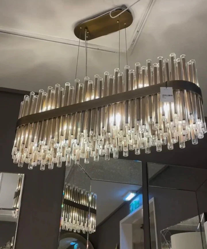 Modern Antique Brass Finish Round & Rectangle Glass Tube Chandelier – High-Quality Materials