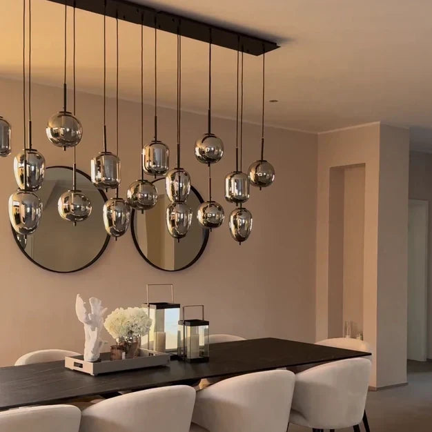 Modern Rectangular Smoky Gray Glass and Metal Chandelier for Dining Room & Kitchen Island