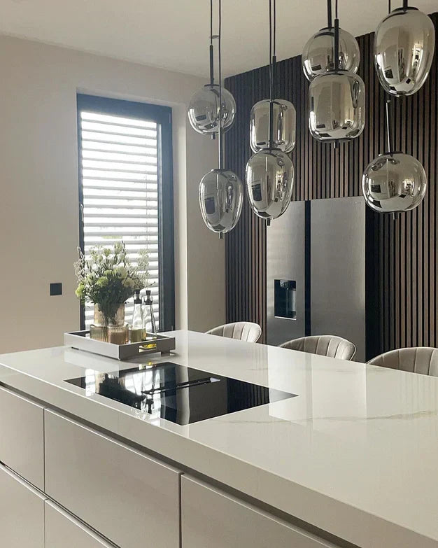 Modern Rectangular Smoky Gray Glass and Metal Chandelier for Dining Room & Kitchen Island