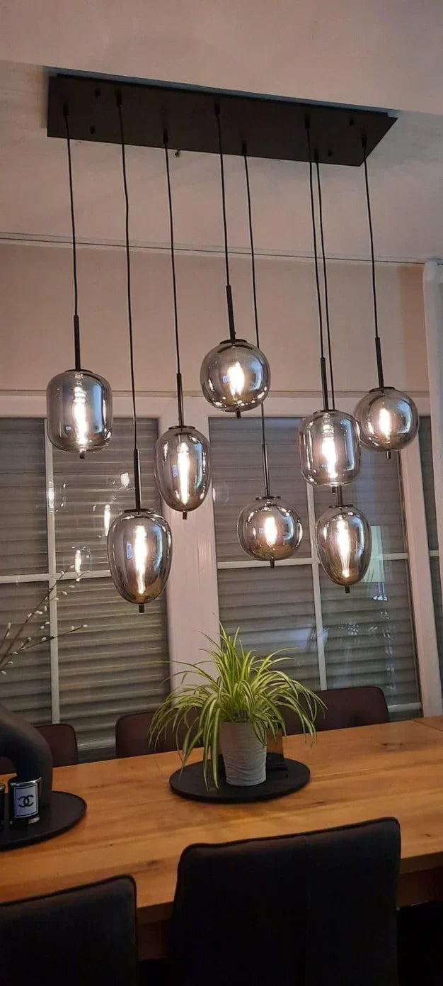 Modern Rectangular Smoky Gray Glass and Metal Chandelier for Dining Room & Kitchen Island
