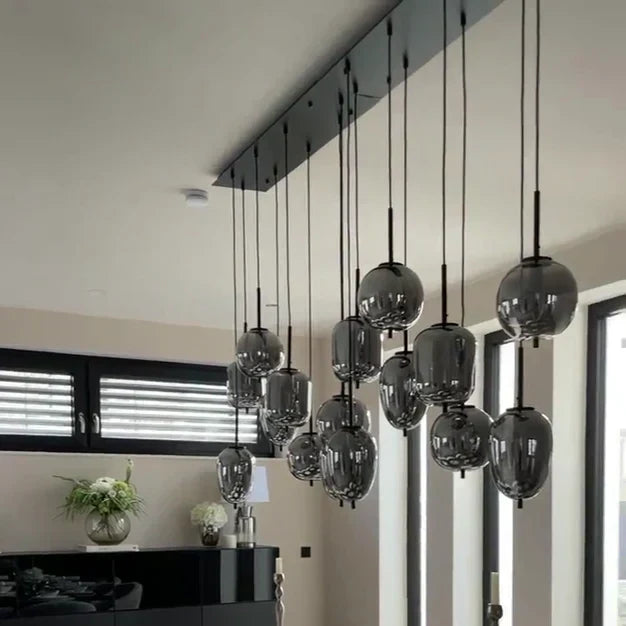 Modern Rectangular Smoky Gray Glass and Metal Chandelier for Dining Room & Kitchen Island
