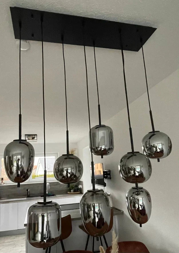 Modern Rectangular Smoky Gray Glass and Metal Chandelier for Dining Room & Kitchen Island