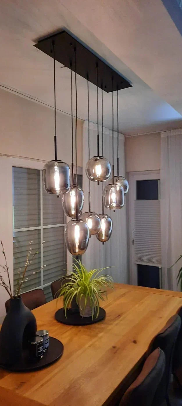 Modern Rectangular Smoky Gray Glass and Metal Chandelier for Dining Room & Kitchen Island