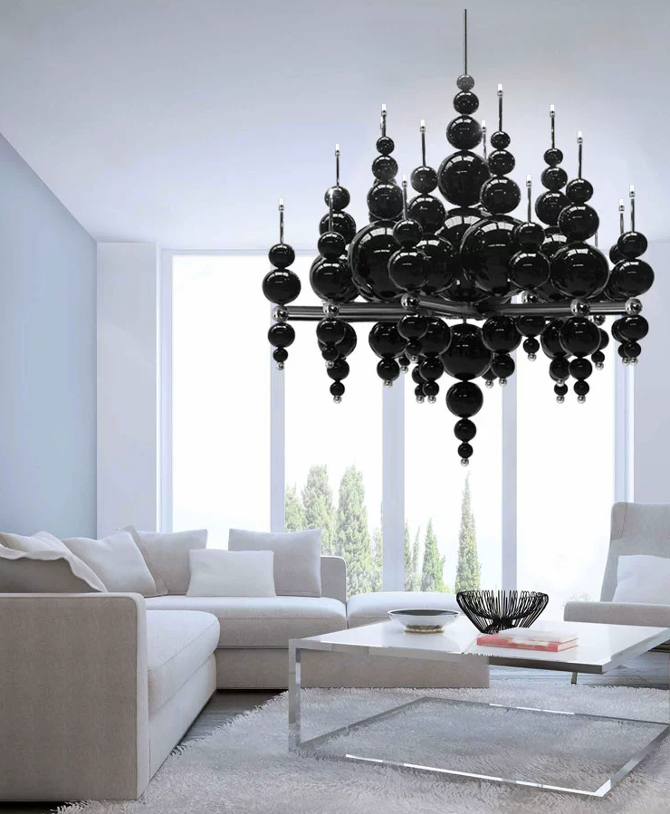 Modern Black & White Glass Ball Cluster Chandelier – Round / linear Metal Finish for Living & Dining Room