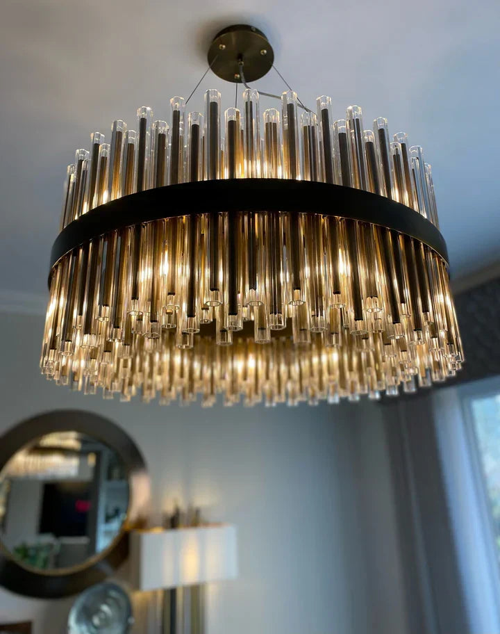 Modern Antique Brass Finish Round & Rectangle Glass Tube Chandelier – High-Quality Materials