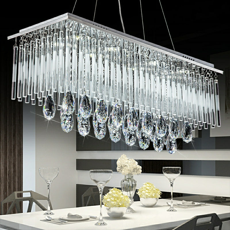 Rectangle Kitchen Island Crystal Drops Chandelier Ceiling Pendant Light for Long Dining Table