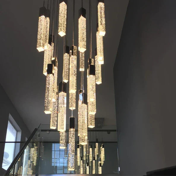 Modern Crystal Stick Chandelier with Glacier Bubble Design in Gold, Chrome, and Black Finish - High-Quality