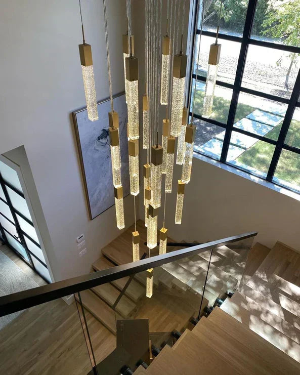 Modern Crystal Stick Chandelier with Glacier Bubble Design in Gold, Chrome, and Black Finish - High-Quality