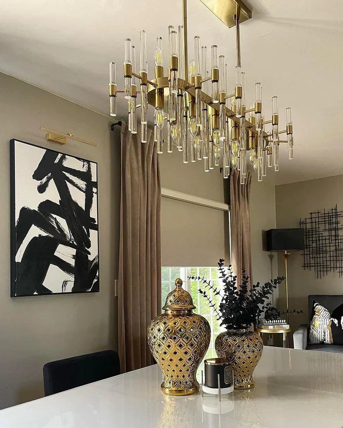Modern Round Tiered Crystal Chandelier with Gold Finish and Metal Frame