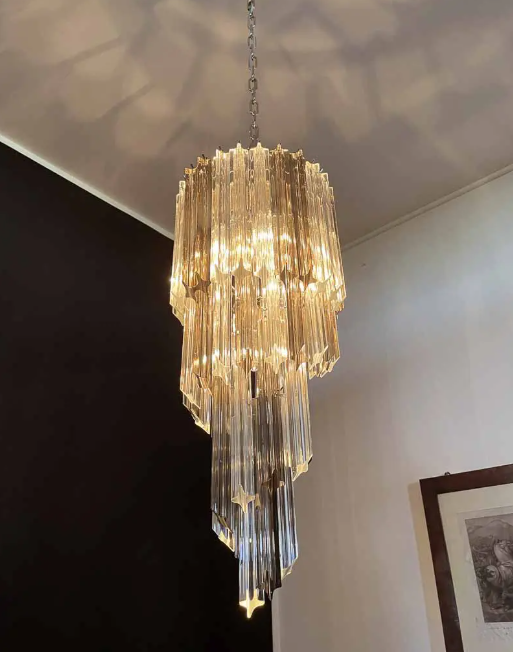 Murano Glass Chandelier – Spiral – 54 Prisms – Smokey / transparent