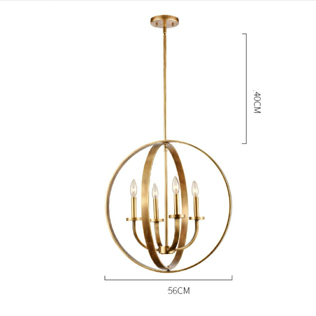 Solid 4-Light Satin Brass 22-Inch Globe Ceiling Lighting Rustic Candle Shaped Round Chandelier for Living /