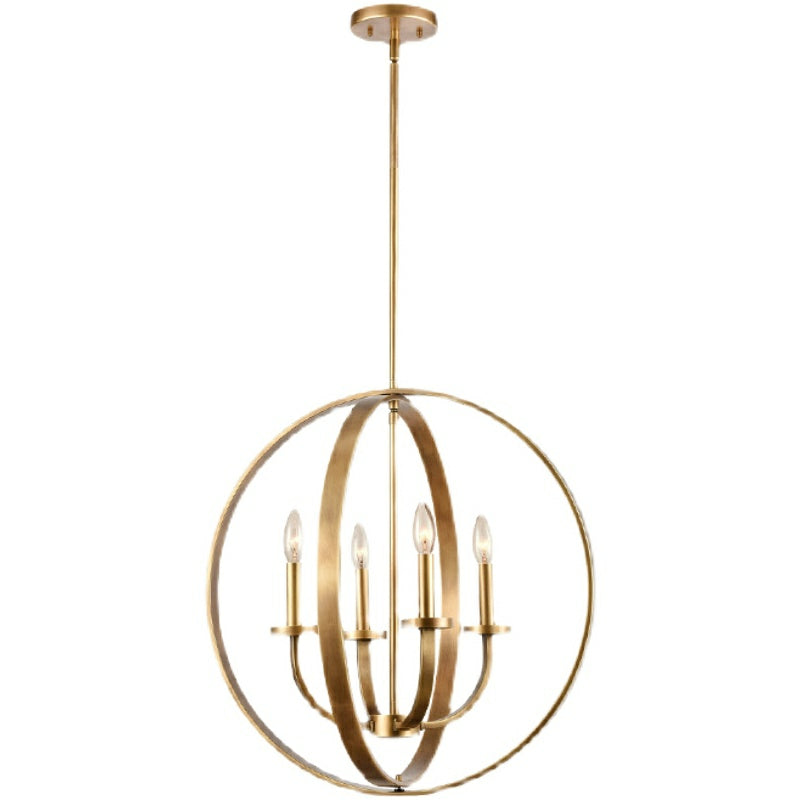Solid 4-Light Satin Brass 22-Inch Globe Ceiling Lighting Rustic Candle Shaped Round Chandelier for Living /