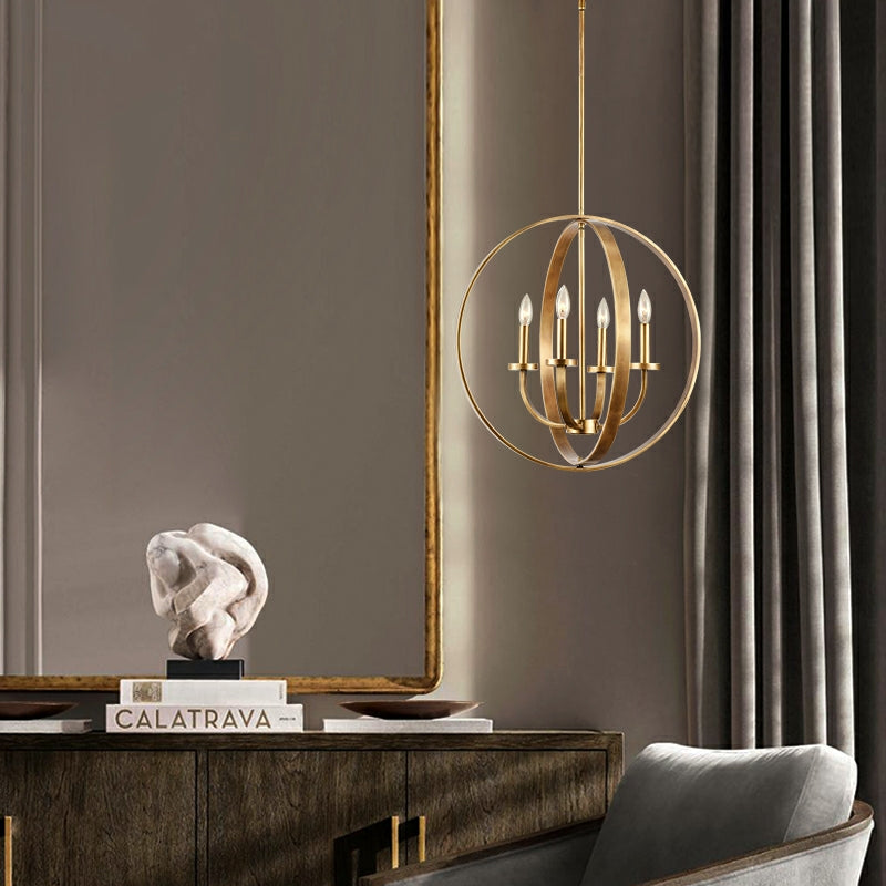 Solid 4-Light Satin Brass 22-Inch Globe Ceiling Lighting Rustic Candle Shaped Round Chandelier for Living /
