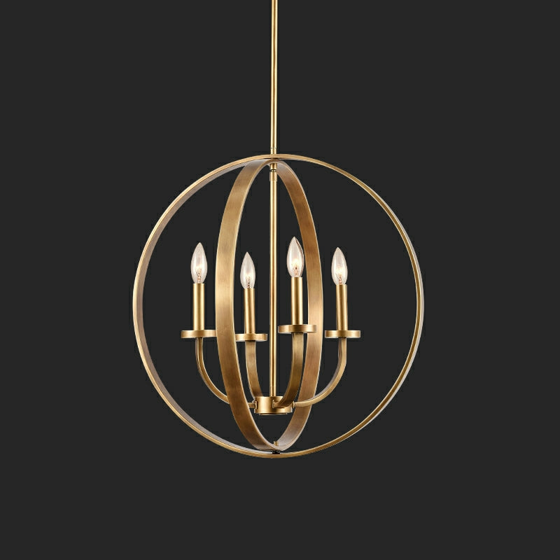 Solid 4-Light Satin Brass 22-Inch Globe Ceiling Lighting Rustic Candle Shaped Round Chandelier for Living /
