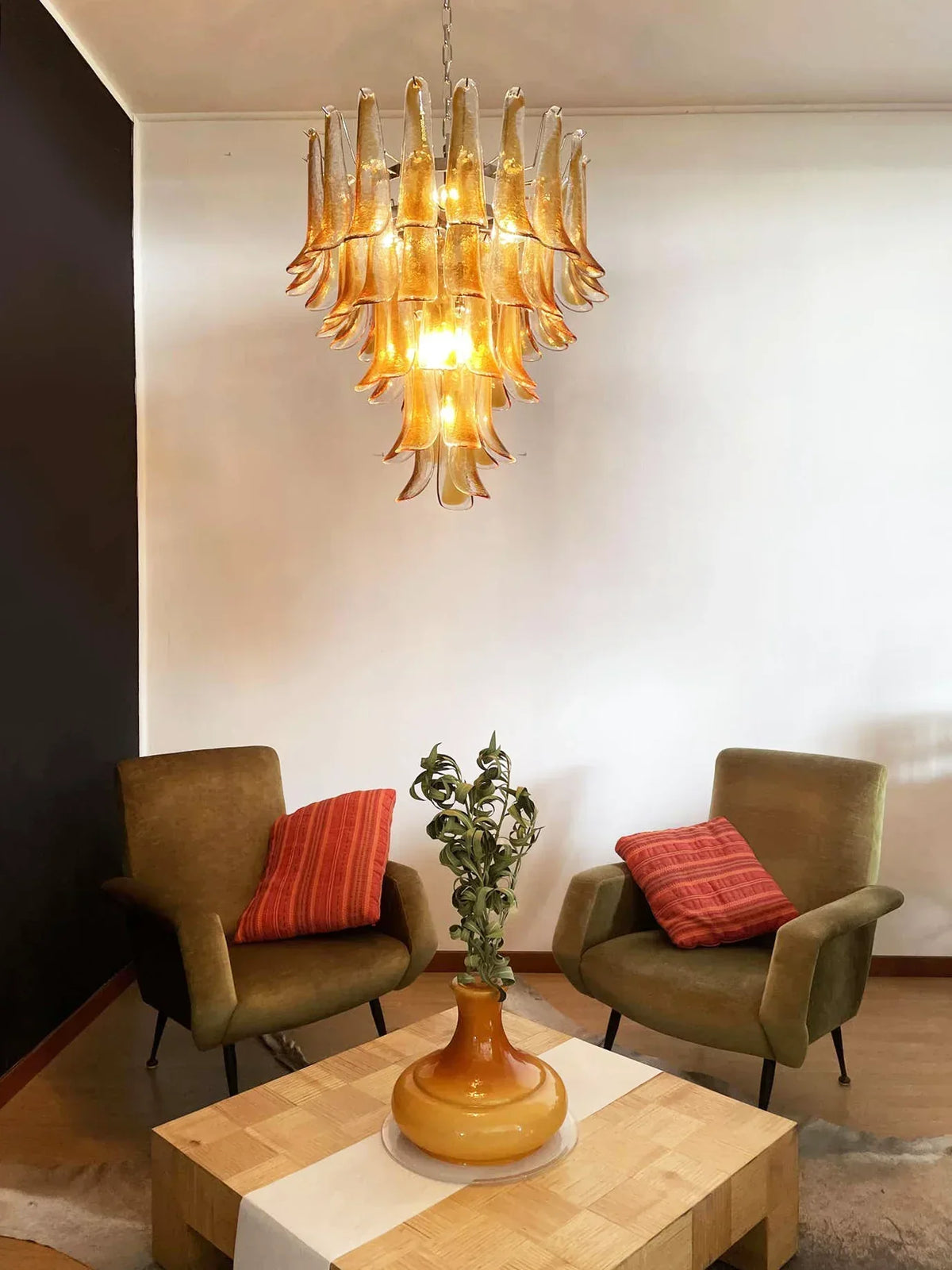 Vintage Transparent Amber Murano Petals Chandelier