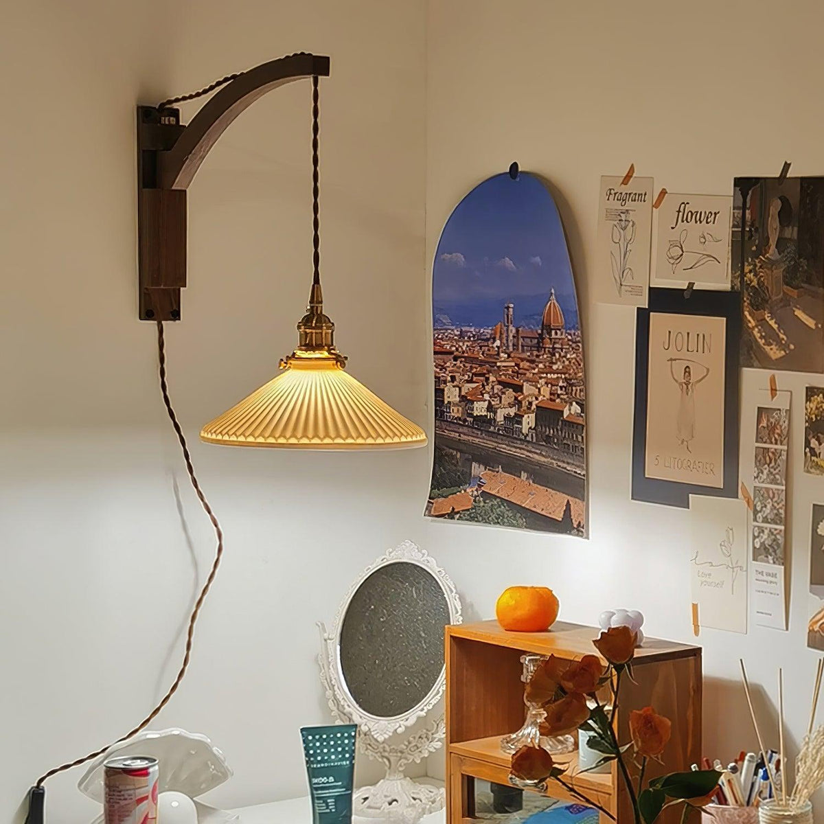 Swing Arm Walnut Wall Light