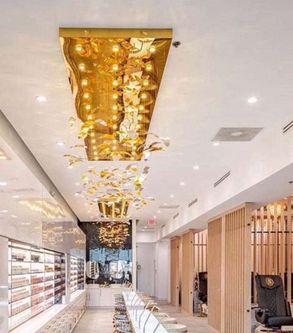 Luxury Leaf-Shaped Crystal Chandelier with Glass and Metal Finish for Hotel and Nail Salon