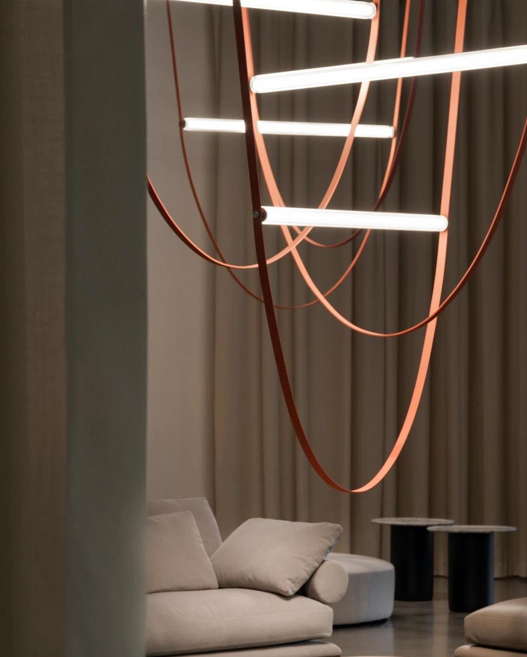 Designer U-Shaped LED Chandelier with Glass Tube, Leather Cable & Satin Stainless Steel Finish