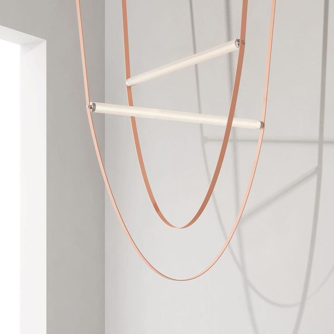 Designer U-Shaped LED Chandelier with Glass Tube, Leather Cable & Satin Stainless Steel Finish