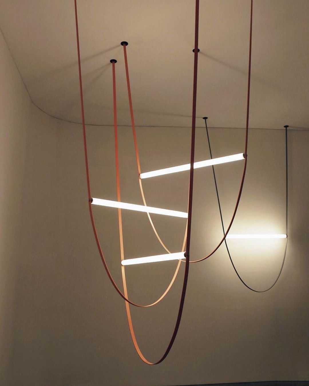 Designer U-Shaped LED Chandelier with Glass Tube, Leather Cable & Satin Stainless Steel Finish