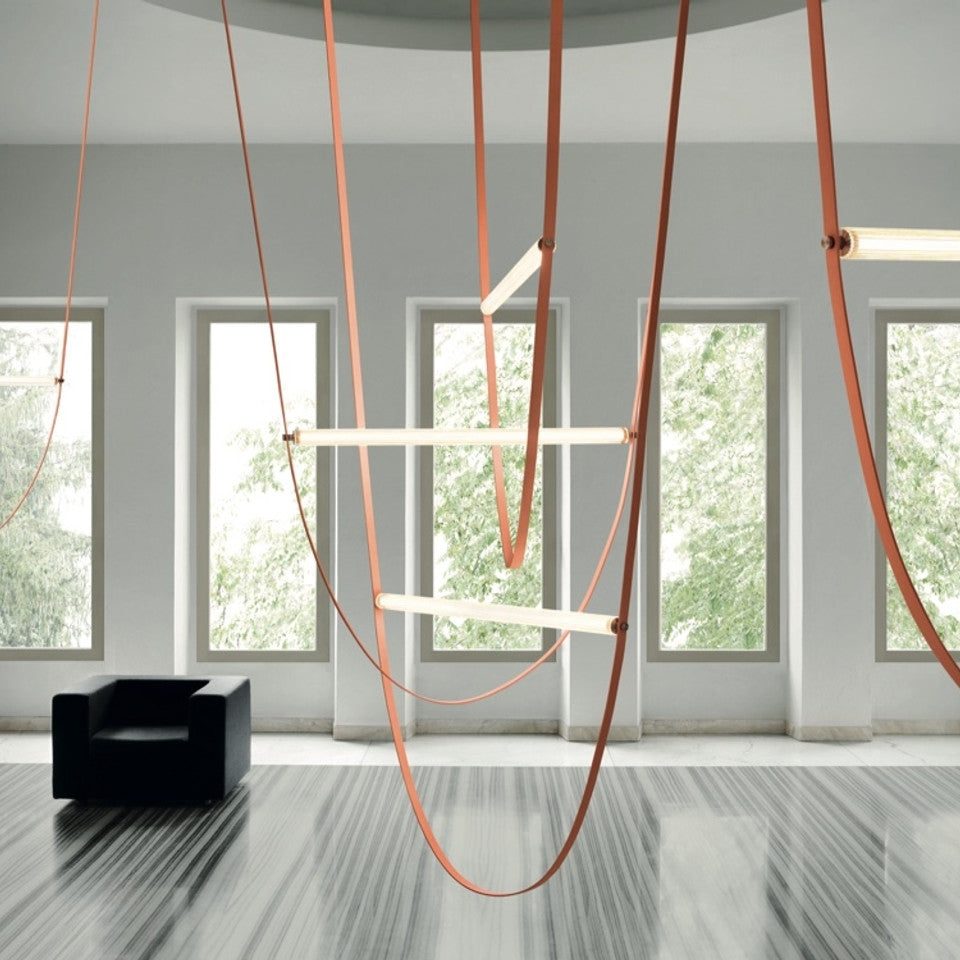 Designer U-Shaped LED Chandelier with Glass Tube, Leather Cable & Satin Stainless Steel Finish