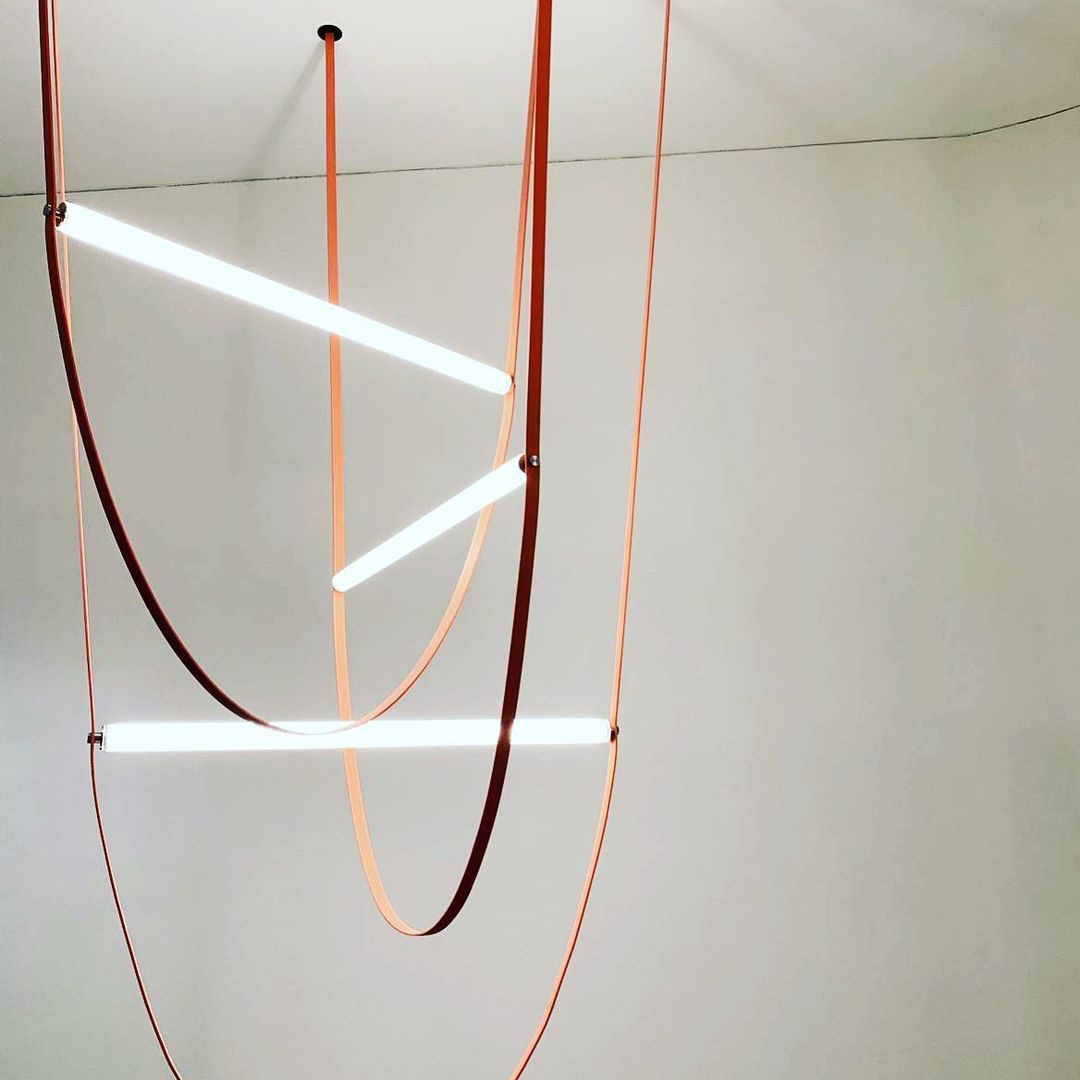 Designer U-Shaped LED Chandelier with Glass Tube, Leather Cable & Satin Stainless Steel Finish