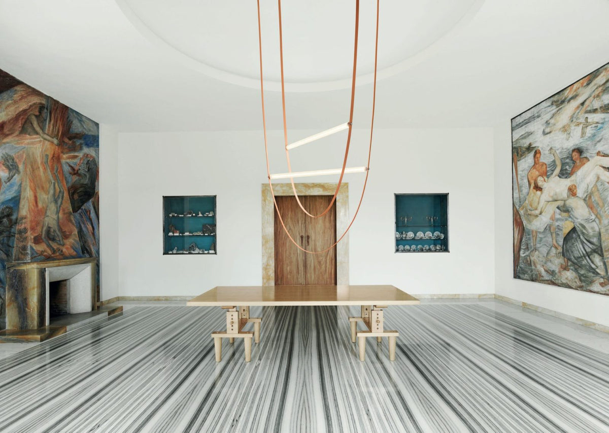 Designer U-Shaped LED Chandelier with Glass Tube, Leather Cable & Satin Stainless Steel Finish