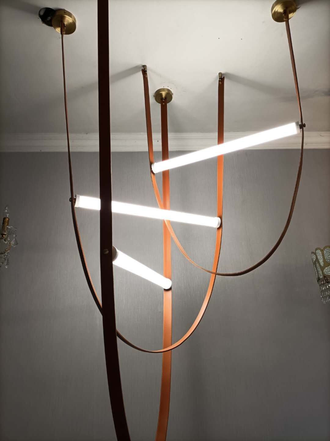 Designer U-Shaped LED Chandelier with Glass Tube, Leather Cable & Satin Stainless Steel Finish
