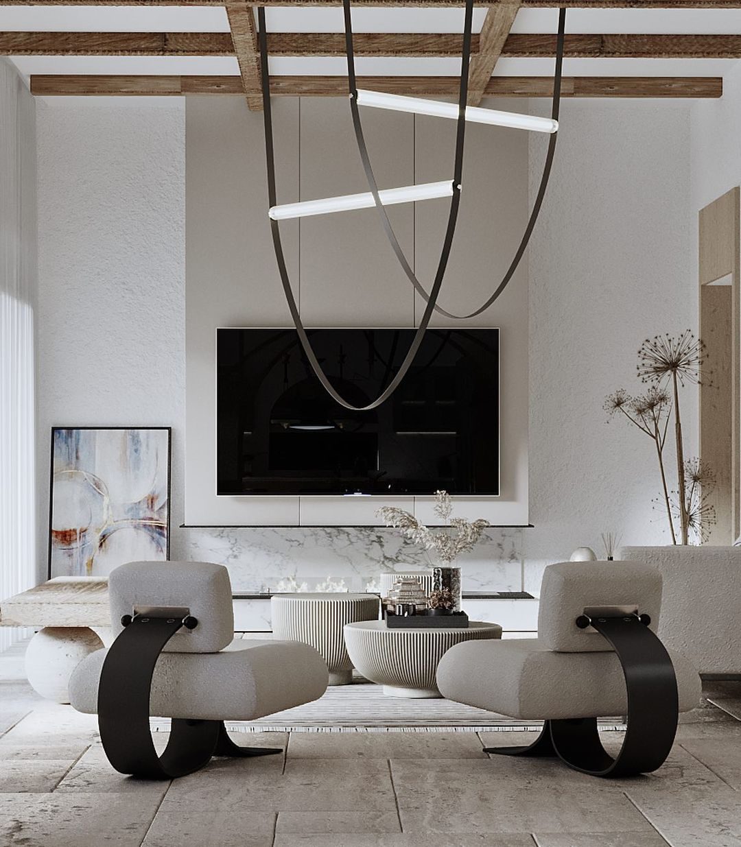Designer U-Shaped LED Chandelier with Glass Tube, Leather Cable & Satin Stainless Steel Finish