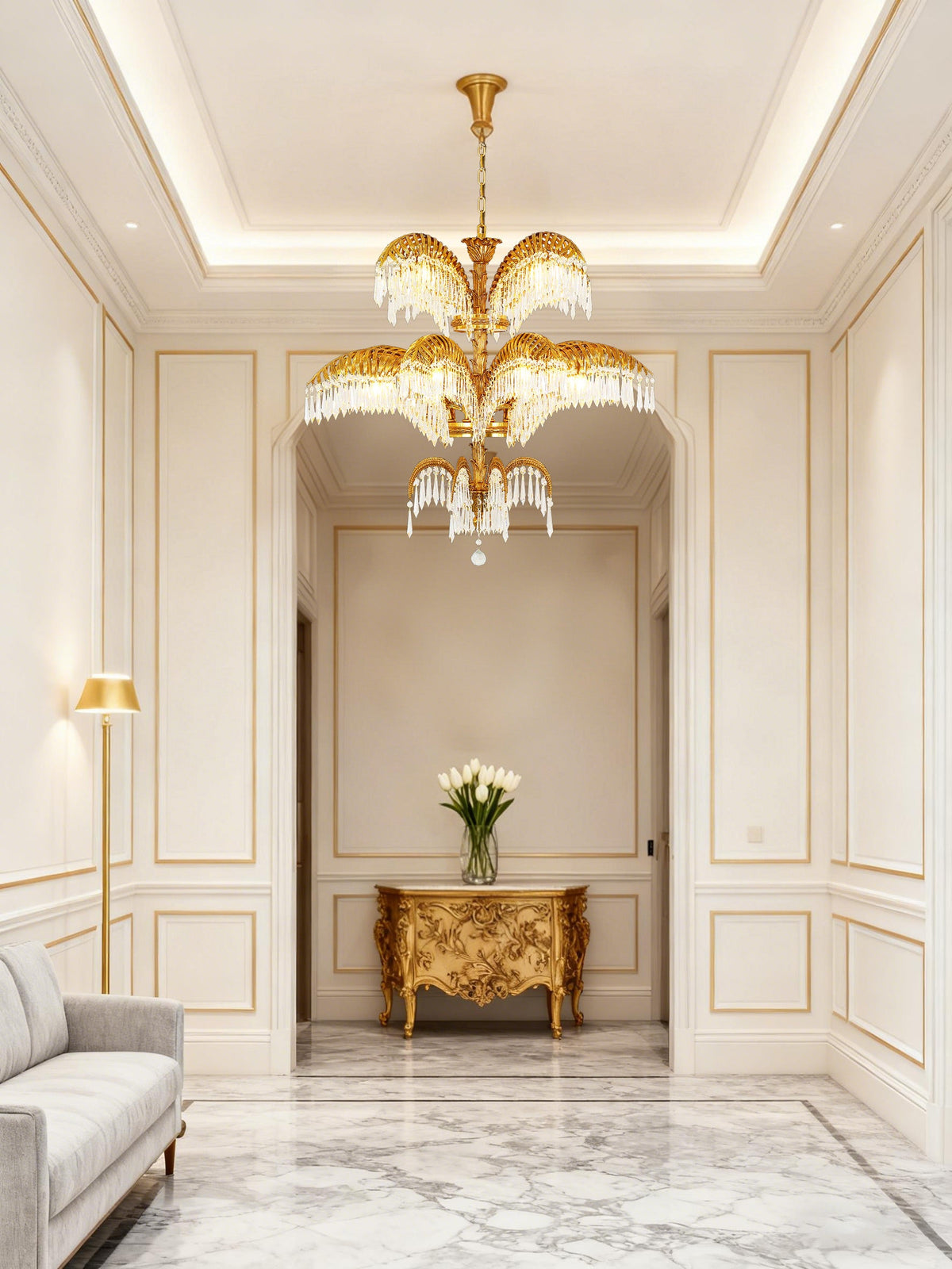 39X35 Inch Wide 3-Layer Big Brass Palm Tree Gold Crystal Chandelier for Entrance/ Foyer