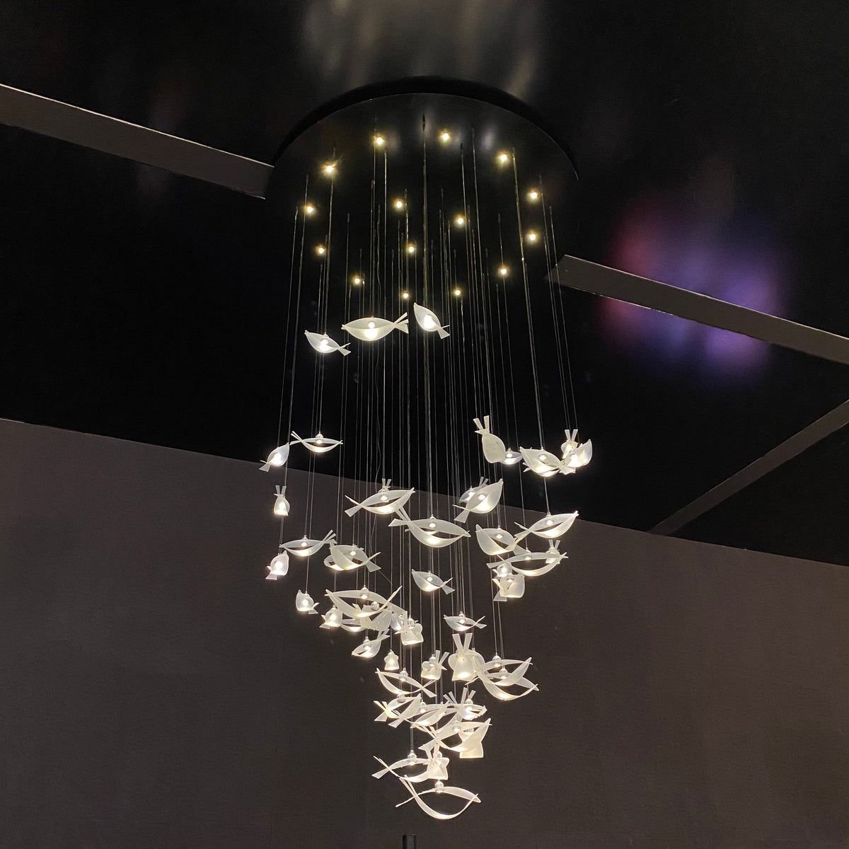 Modern Tiered Floating Acrylic and Metal Fish Chandelier for Staircase Foyer Living Room