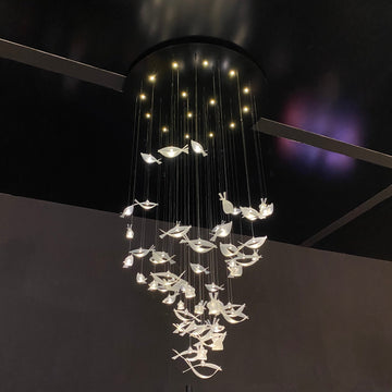 Modern Tiered Floating Acrylic and Metal Fish Chandelier for Staircase Foyer Living Room