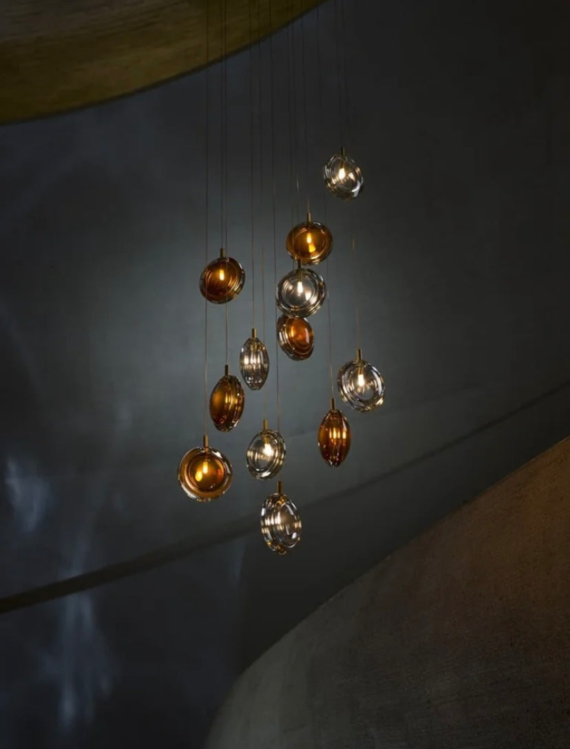 Multi-Colored Round Glass and Metal Suspension Light Chandelier