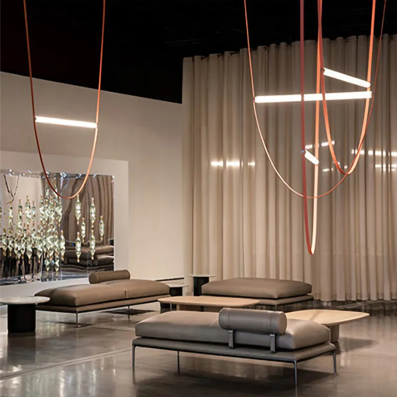 Designer U-Shaped LED Chandelier with Glass Tube, Leather Cable & Satin Stainless Steel Finish