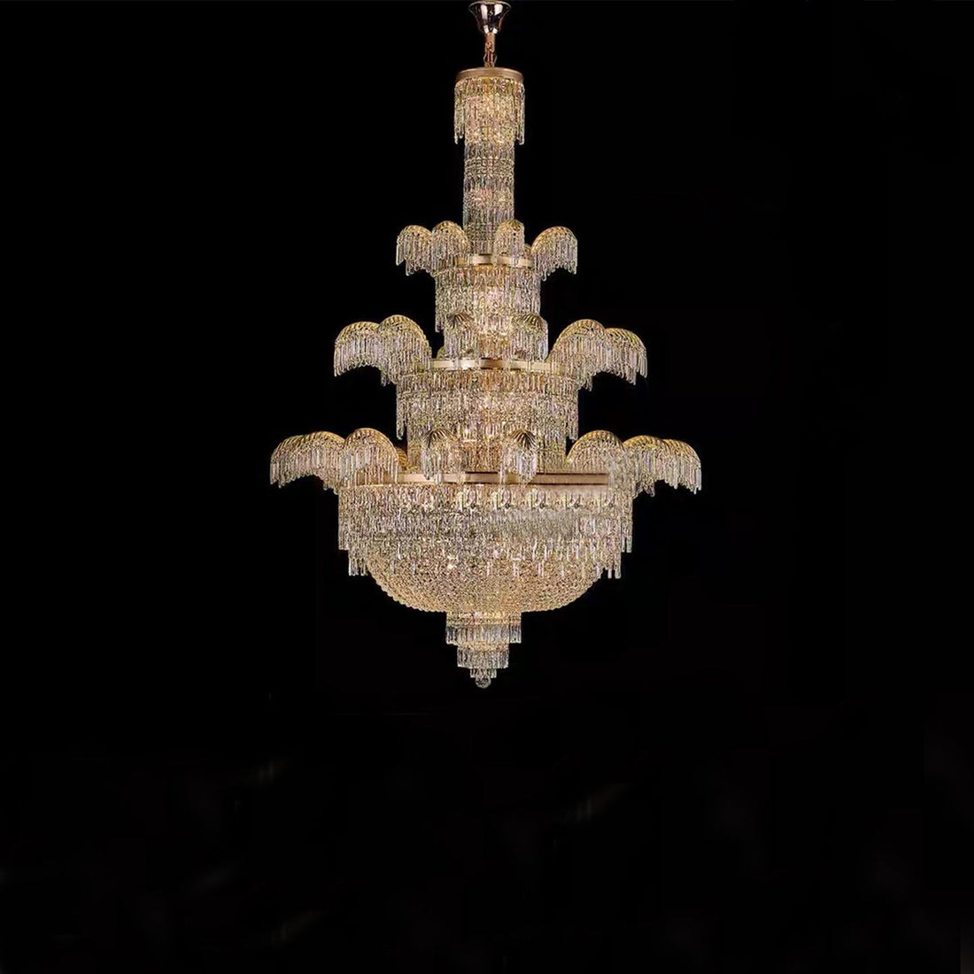 Palatial Golden-Tiered Waterfall-Inspired Crystal Chandelier for High-Ceiling
