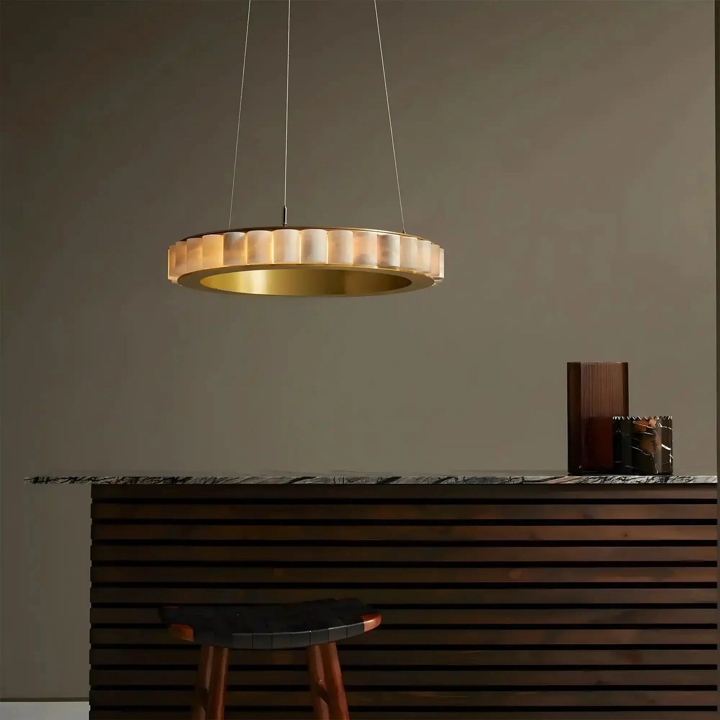 Avalon Alabaster Round Chandelier - 31.5″Dia x 59″HCopperWarm White - Manohaus
