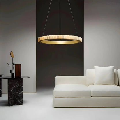 Avalon Alabaster Round Chandelier - 31.5″Dia x 59″HCopperWarm White - Manohaus